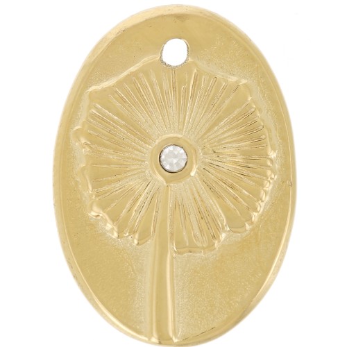 20x14mm 316L stainless steel Oval pendant - flower with rhinestones - Gold x1