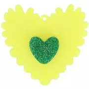37x39 mm Acrylic Relief Heart Pendant - Neon Yellow - Glitter Green x1