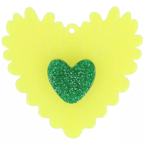 37x39 mm Acrylic Relief Heart Pendant - Neon Yellow - Glitter Green x1