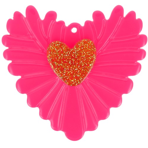 37x39 mm Acrylic Relief Heart Pendant - Neon Pink - Glitter Gold x1