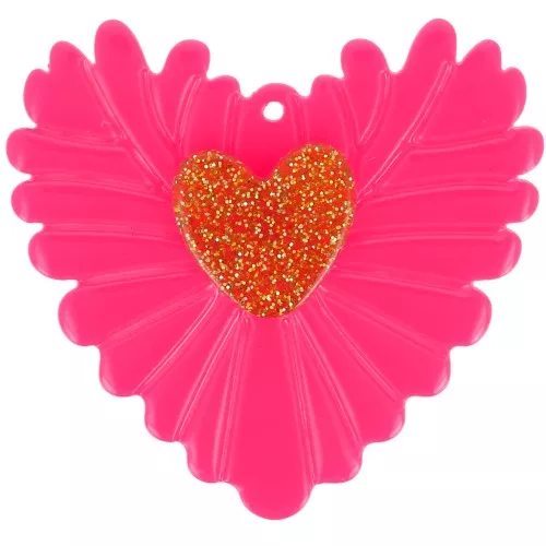37x39 mm Acrylic Relief Heart Pendant - Neon Pink - Glitter Gold x1