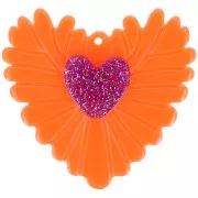 Purple - 37x39 mm Acrylic Relief Heart Pendant - Neon Orange - Glitter Violet 37x39 mm Acrylic Relief Heart Pendant - Neon Orange - Glitter Violet