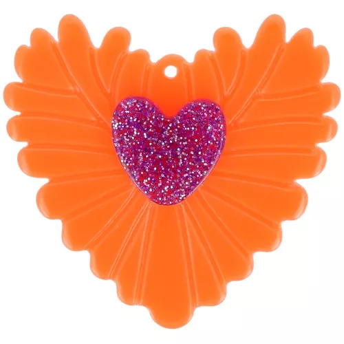 37x39 mm Acrylic Relief Heart Pendant - Neon Orange - Glitter Violet