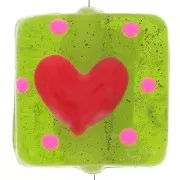 Red - 15x15mm Square glass bead - Heart pattern - Olive green - Red x1 15x15mm Square glass bead - Heart pattern - Olive green - Red x1