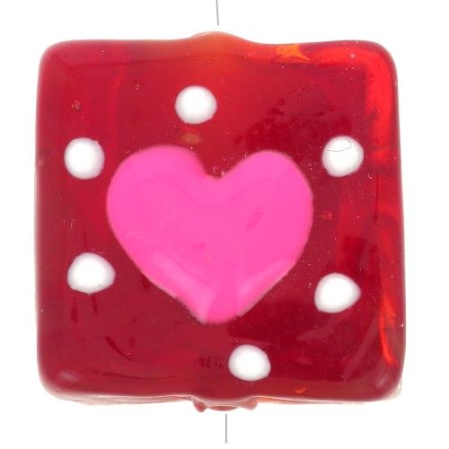 15x15mm Square glass bead - Heart pattern - Red - Pink x1