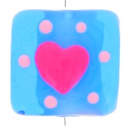 15x15mm Square glass bead - Heart pattern - Blue - Pink x1|raw }}
