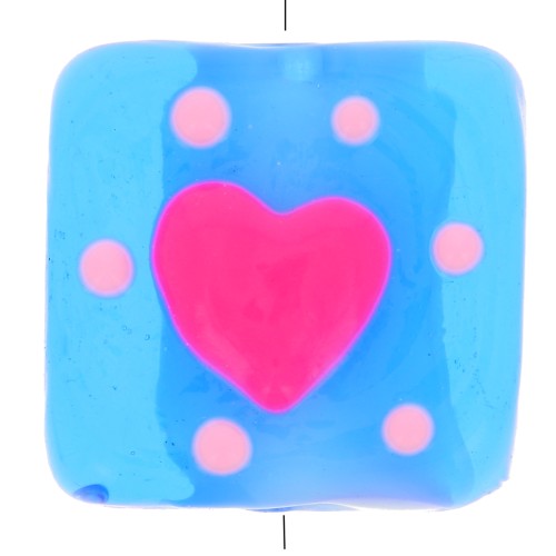 15x15mm Square glass bead - Heart pattern - Blue - Pink x1
