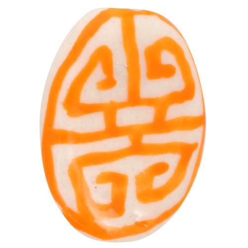 19x14mm Flat oval ceramic bead - Aztec pattern - White - Orange x1