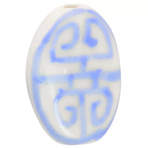 19x14mm Flat oval ceramic bead - Aztec pattern - White - Blue x1