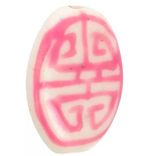 19x14mm Flat oval ceramic bead - Aztec pattern - White - Pink x1