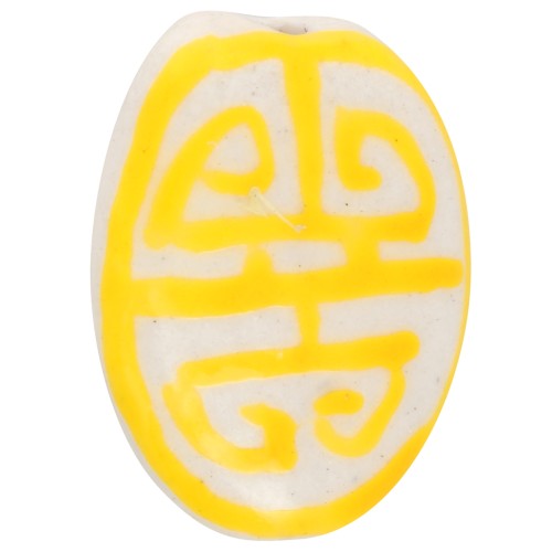 19x14mm Flat oval ceramic bead - Aztec pattern - White - Yellow x1