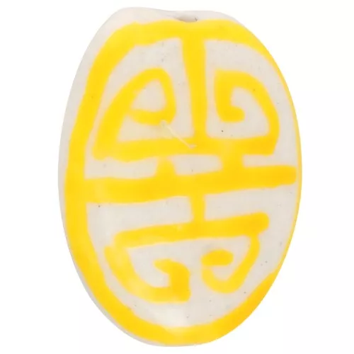 19x14mm Flat oval ceramic bead - Aztec pattern - White - Yellow x1