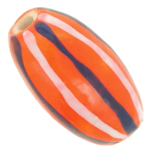 17.5x9mm olive ceramic bead - Striped pattern - Orange - White - Blue x1