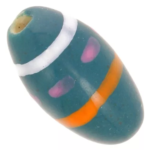 17x9mm olive ceramic bead with patterns - Duck Blue - Orange - White x1