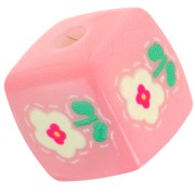 14mm acrylic cube bead - flower pattern - Light pink - White x1