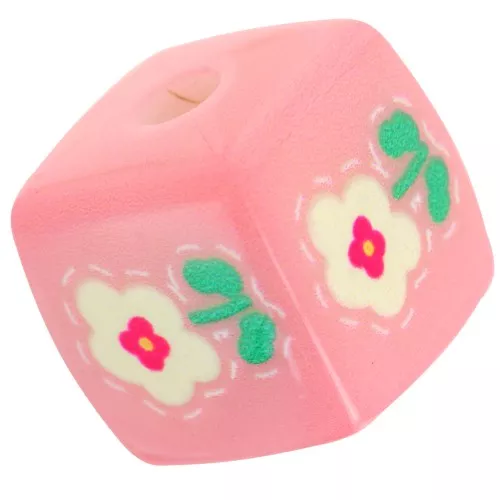 14mm acrylic cube bead - flower pattern - Light pink - White x1