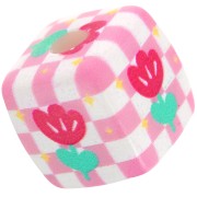 14mm acrylic cube bead - check and flower pattern - Pink - White x1|raw }}