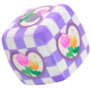 14mm acrylic cube bead - check and flower pattern - Violet - White x1|raw }}