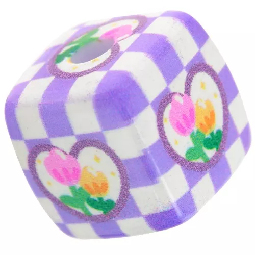 14mm acrylic cube bead - check and flower pattern - Violet - White x1