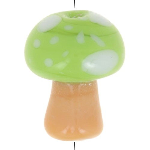 12x10mm Glass mushroom bead - polka dot pattern - Light green - Light brown x1