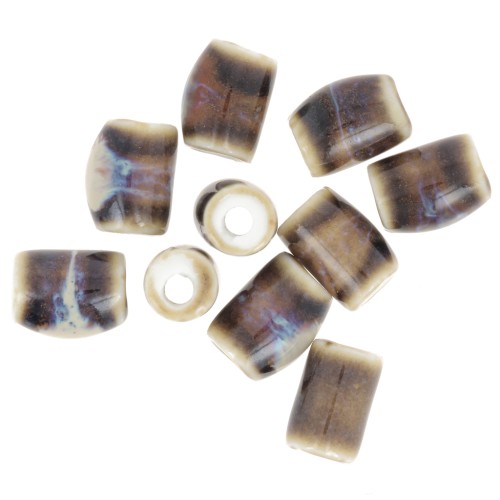 10x6mm ceramic tube beads - Ecru - Dark brown marbled x10