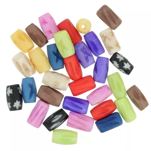 Set of 12x7 mm engraved bone tube beads - Multicolor x21g