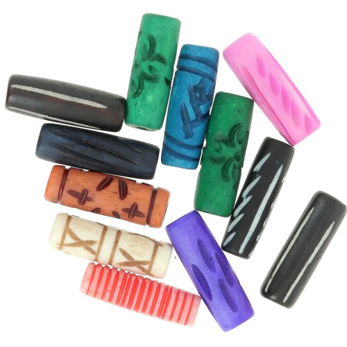Set of 25x8 mm engraved bone tube beads - Multicolor x24g