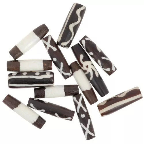 Assortment of bone tube beads - ethnic pattern - Brown - White x29g