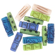 Set of 25 mm engraved bone tube beads - Green - Blue and Natural x24g