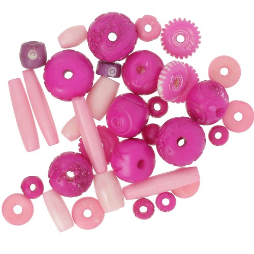 Assortment of engraved and plain bone beads - Light pink - Dark pink x60g