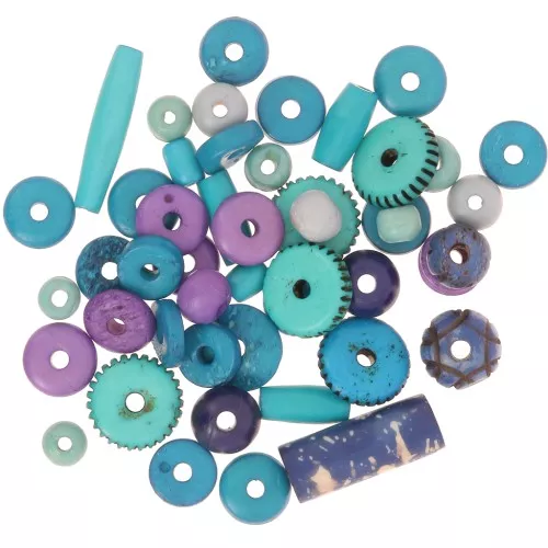 Assortment of engraved and plain bone beads - Multi-Blue - Violet x60g
