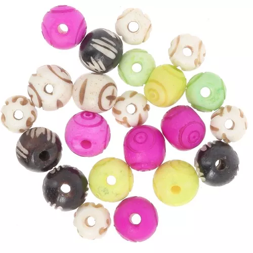 Assortment of 10mm to 12mm round flattened engraved bone beads - Multicolor x48g