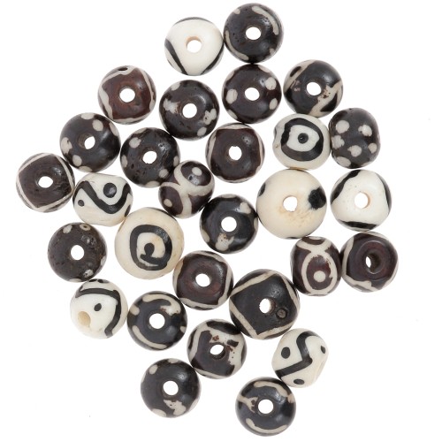 Assortment of 10mm to 12mm round flattened beads in painted bone - Black - White x49g