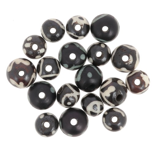 Assortment of 10mm to 12mm round flattened painted bone beads - Black x49g