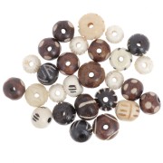Assortment of 10mm to 12mm round flattened engraved bone beads -Natural - Black x49g|raw }}