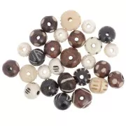 Assortment of 10mm to 12mm round flattened engraved bone beads -Natural - Black x49g