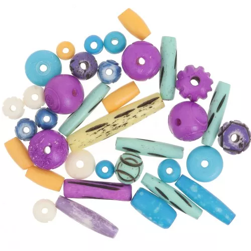 Assortment of engraved and plain bone beads - Multicolor x48g