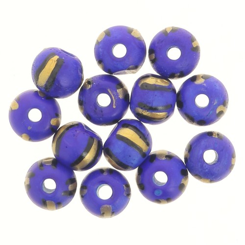 Assortment of 10x8 mm flattened round beads in tinted bone - Striped - Blue - Gold x20