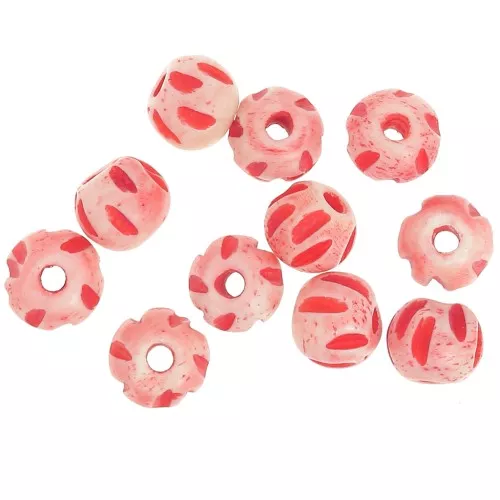 Set of 10x8 mm round flattened engraved bone beads - Light Red x20