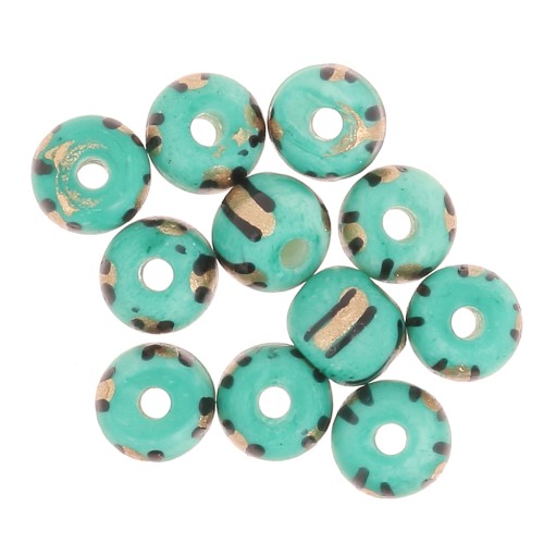 Assortment of 8x7 mm flattened round beads in stained bone - Striped - Green - Gold x20