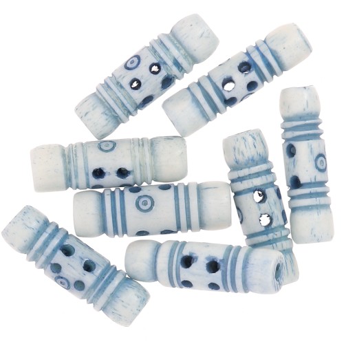 Set of 25x7.5mm engraved bone tube beads - Light blue x10