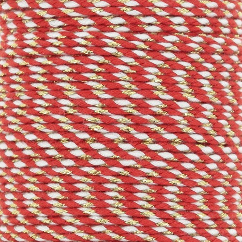 1.5mm Braided cotton cord and metallic thread - Red - White - Gold x1m