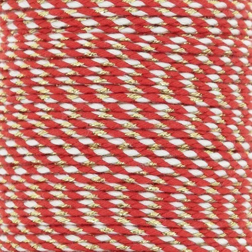 1.5mm Braided cotton cord and metallic thread - Red - White - Gold x1m