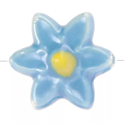 17x16mm Ceramic Flower Bead - Blue - Iridescent Yellow x4
