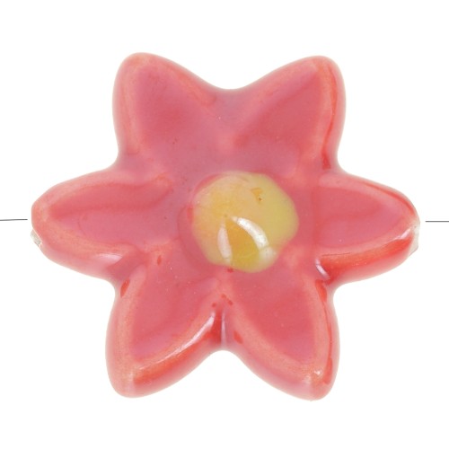 17x16mm Ceramic Flower Bead - Red - Deep iridescent yellow x4