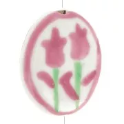 20x16mm Flat oval flower pattern bead - Ceramic - Old pink - White x1