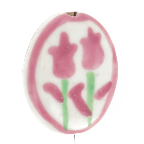 20x16mm Flat oval flower pattern bead - Ceramic - Old pink - White x1