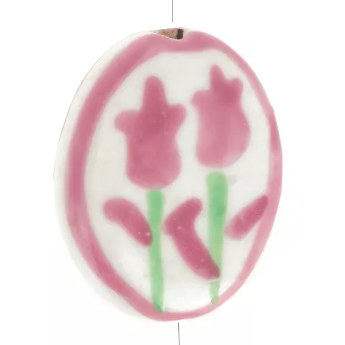20x16mm Flat oval flower pattern bead - Ceramic - Old pink - White x1