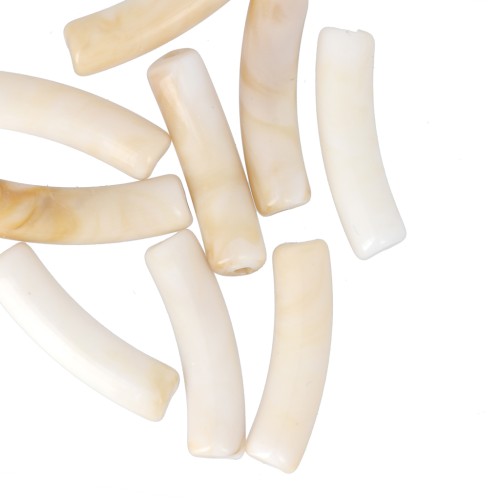 Curved tube beads 19x5 mm in opaque acrylic - Marbled Beige - Brown x10