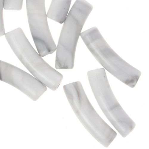 Curved tube beads 19x5 mm in opaque acrylic - Marbled White - Grey x10